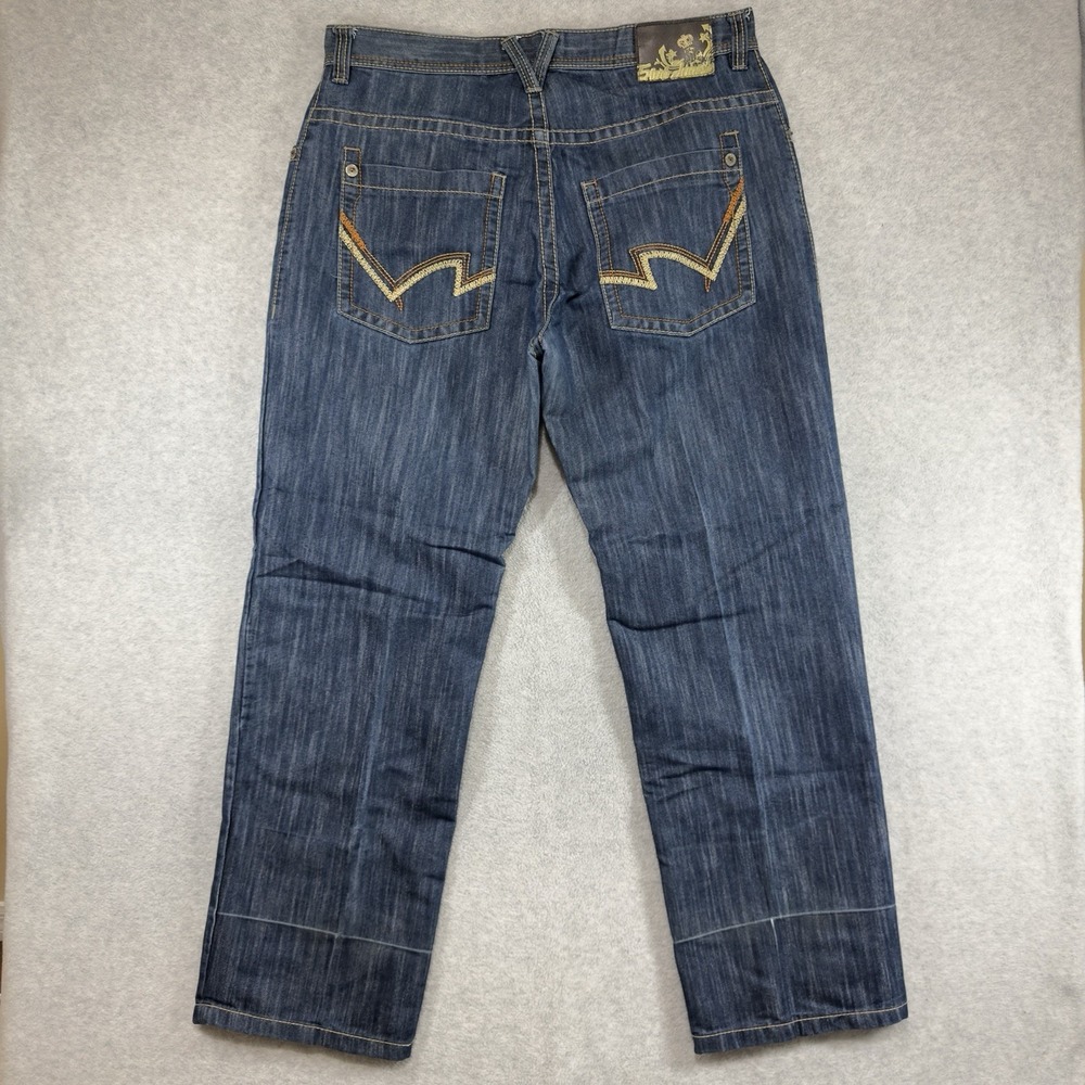 Y2K 5ive Jungle Baggy Jeans Mens 38x34 Dark Wash Hip Hop Embroidered Skater